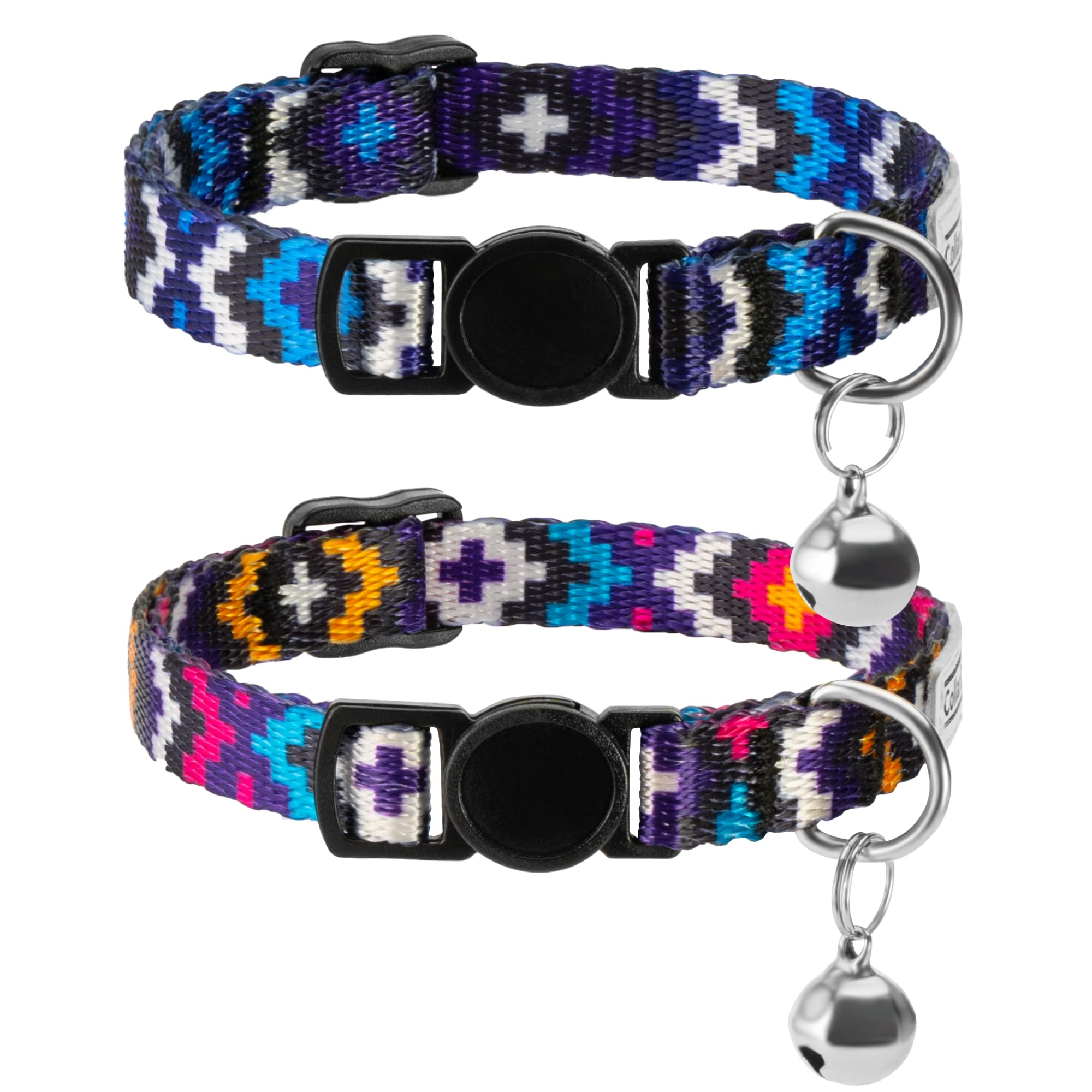 CollarDirect con diseño azteca geométrico en azul y morado, ideal para gatos activos