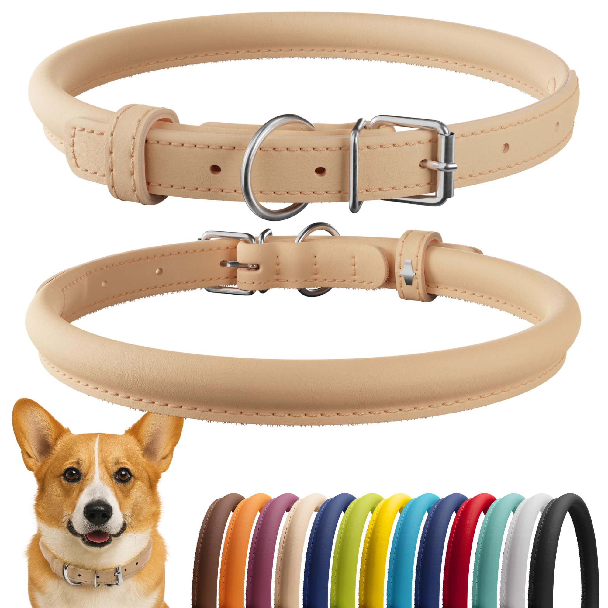 CollarDirect collar de cuero enrollado beige liso, suave para el pelaje largo.