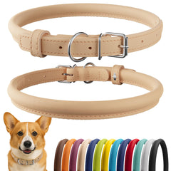 CollarDirect collar de cuero enrollado beige liso, suave para el pelaje largo.