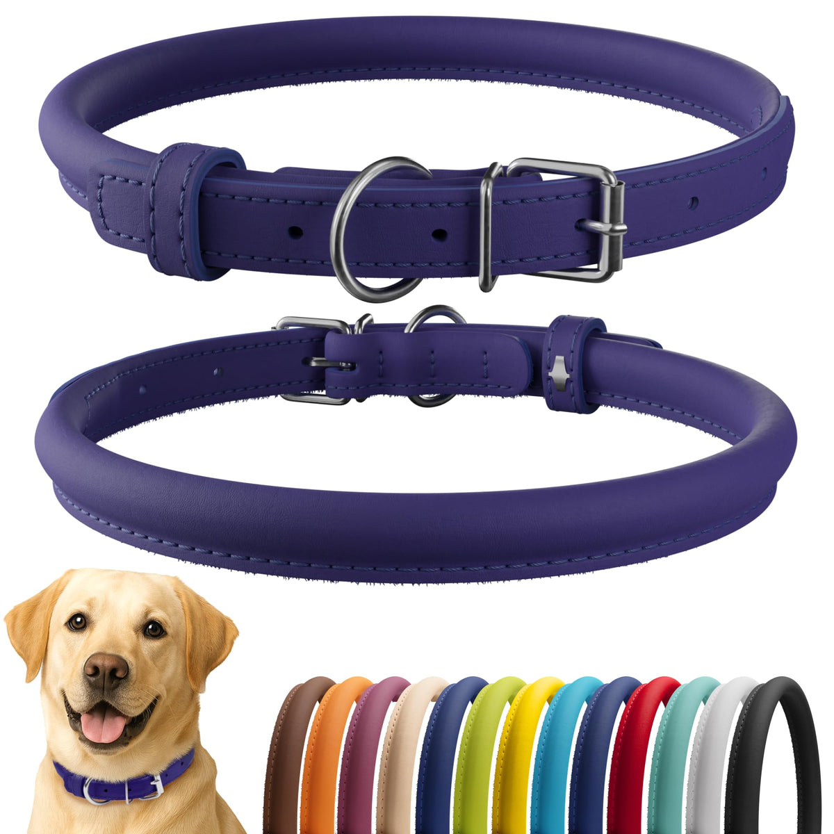 CollarDirect collar de cuero enrollado morado suave, ideal para perros con pelo largo.