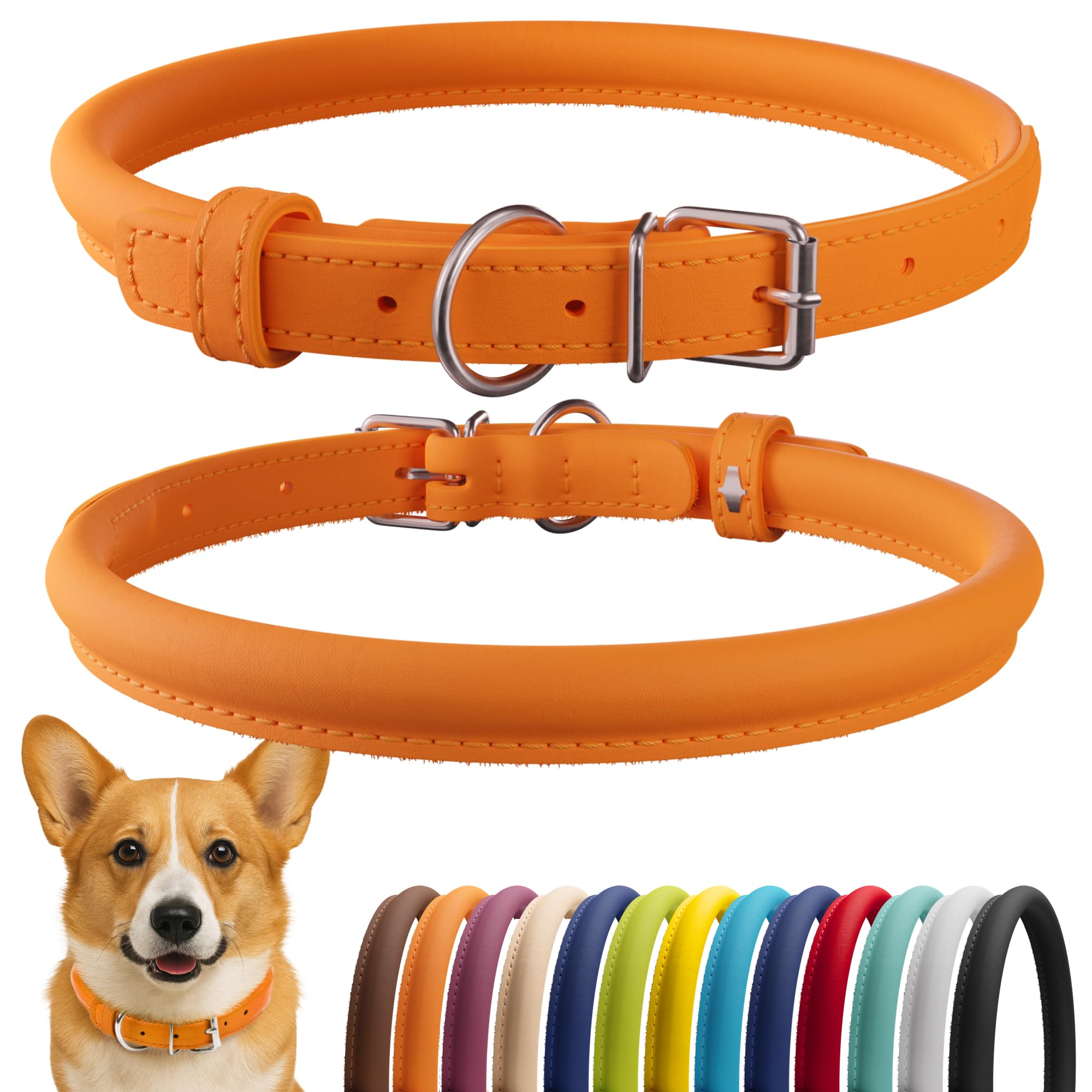 CollarDirect collar de cuero enrollado naranja suave, cómodo para pelo largo.