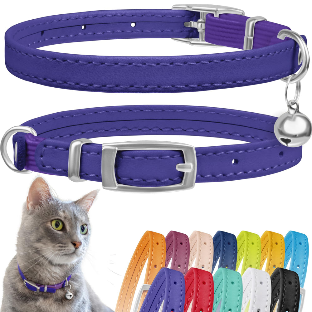 CollarDirect collar de cuero para gato con campana morada, visibilidad mejorada.