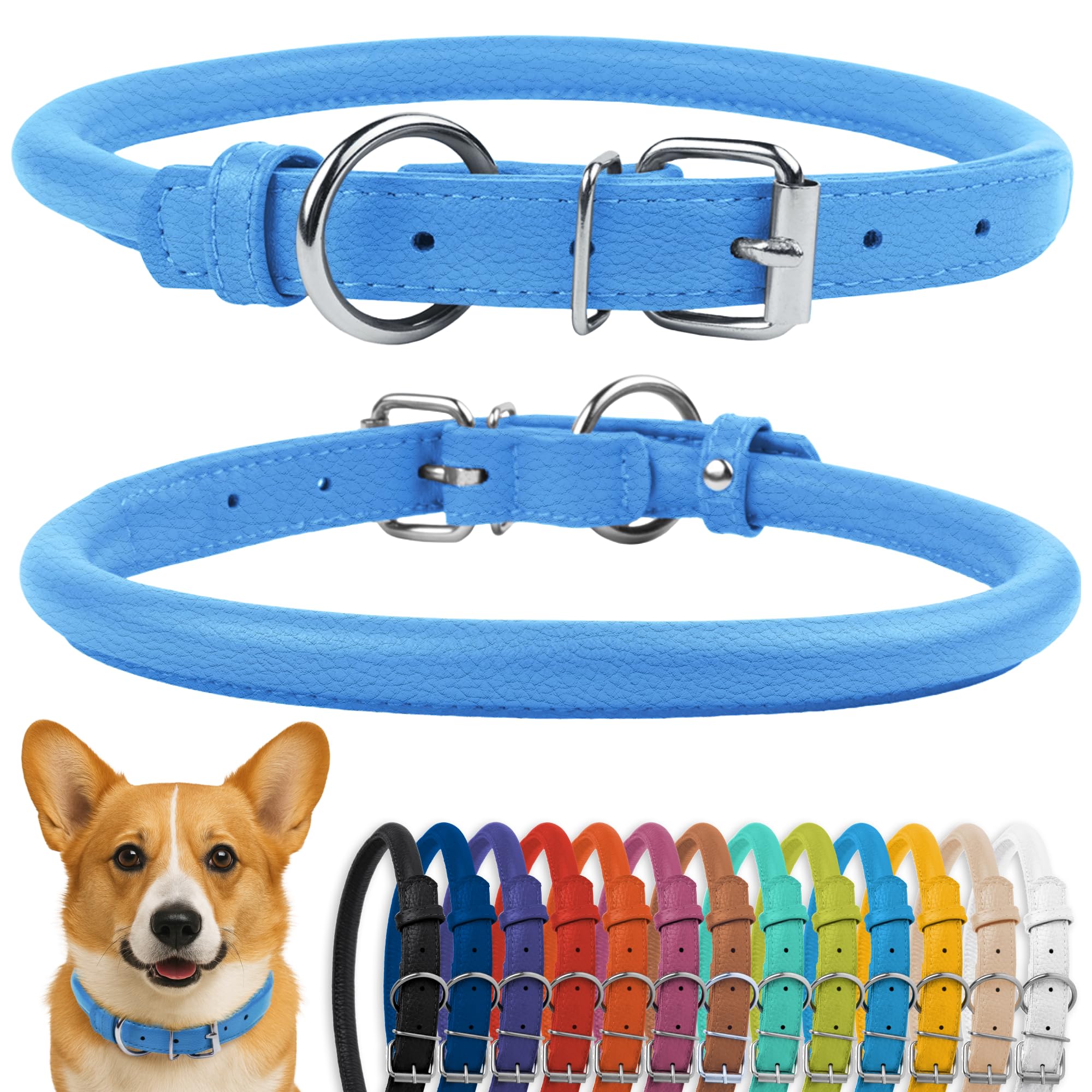 CollarDirect collar cuero enrollado azul claro texturizado, suave para pelaje y comodidad diaria.