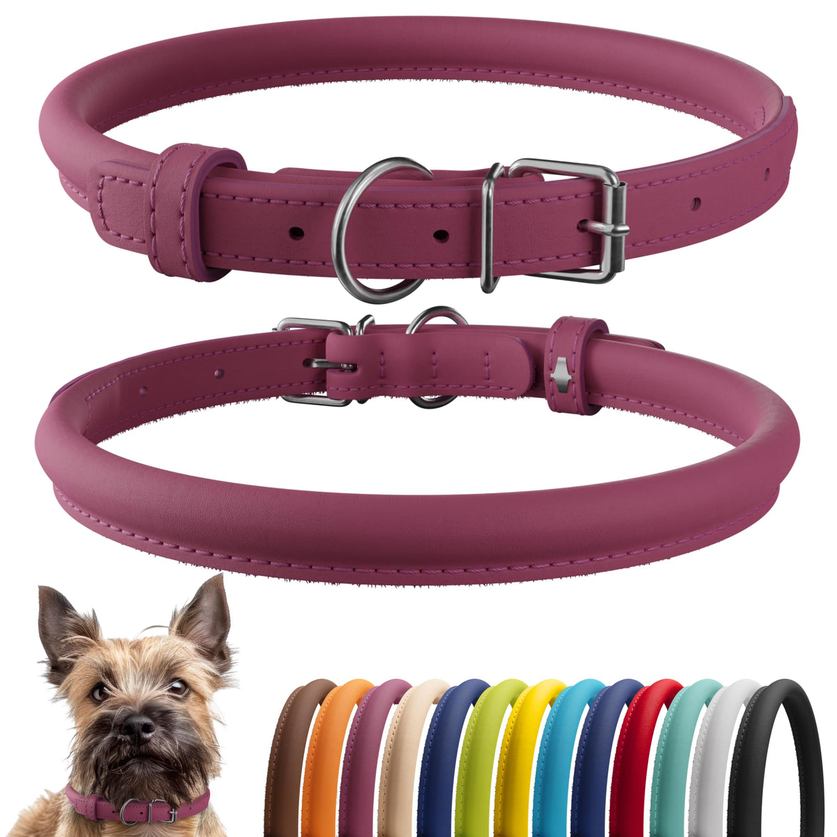 CollarDirect collar de cuero enrollado rosa liso para paseos diarios