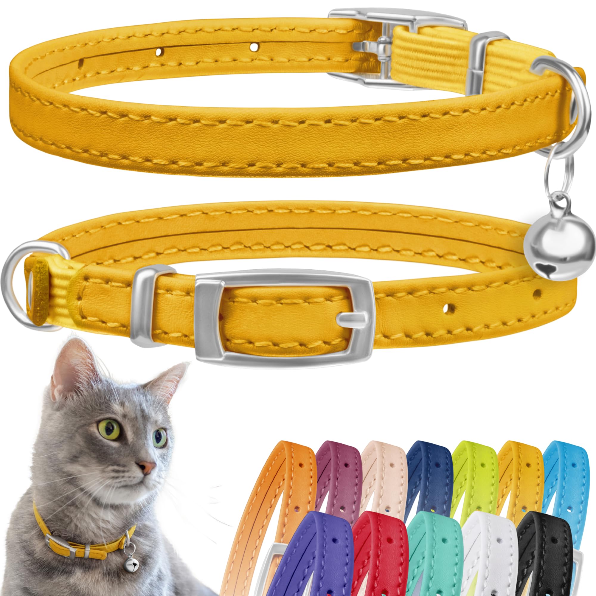 CollarDirect: collar de cuero amarillo para gato con campana, ayuda a localizarlo.