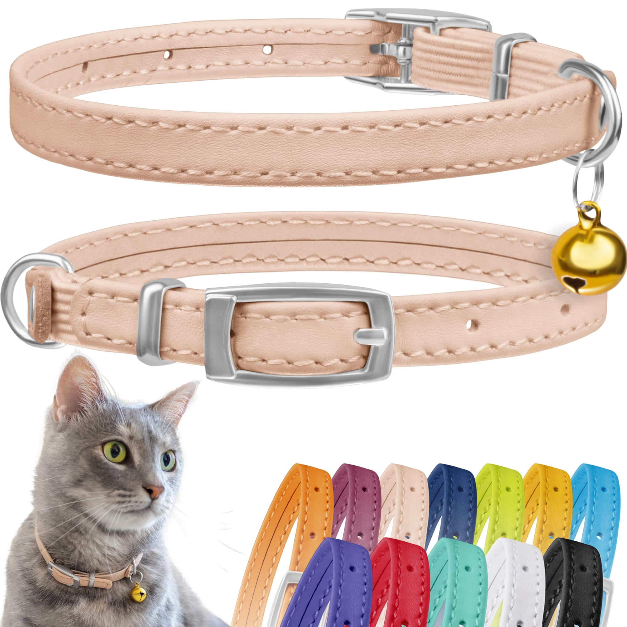 CollarDirect collar de cuero para gato con cascabel, facilita localizarlo al exterior