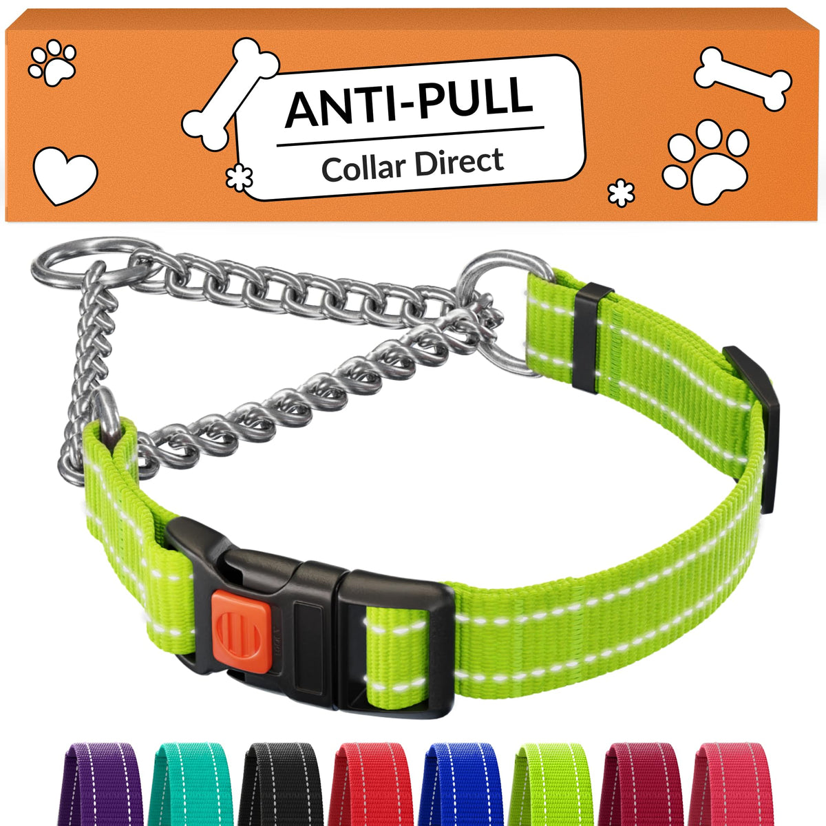 CollarDirect Martingale con reflectivo y cadena de acero inoxidable para mayor visibilidad nocturna.