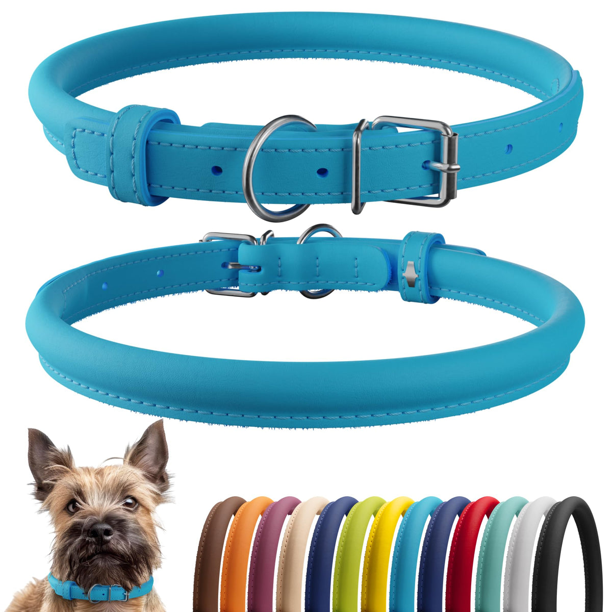 CollarDirect collar perro cuero enrollado, suave y cómodo para pelo largo.