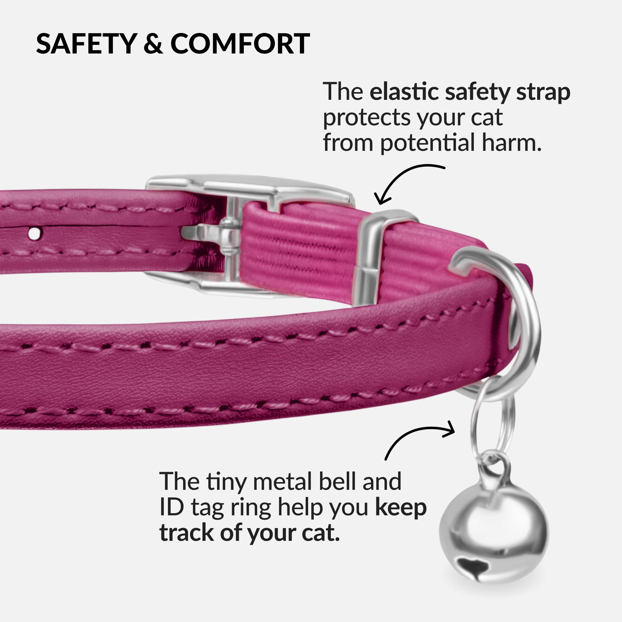 Gato usando CollarDirect de cuero con campana rosa para mayor visibilidad.
