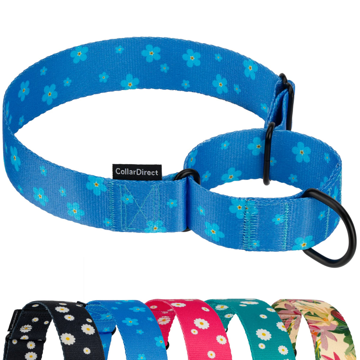 CollarDirect Martingale floral azul marino, diseño resistente para paseos diarios.