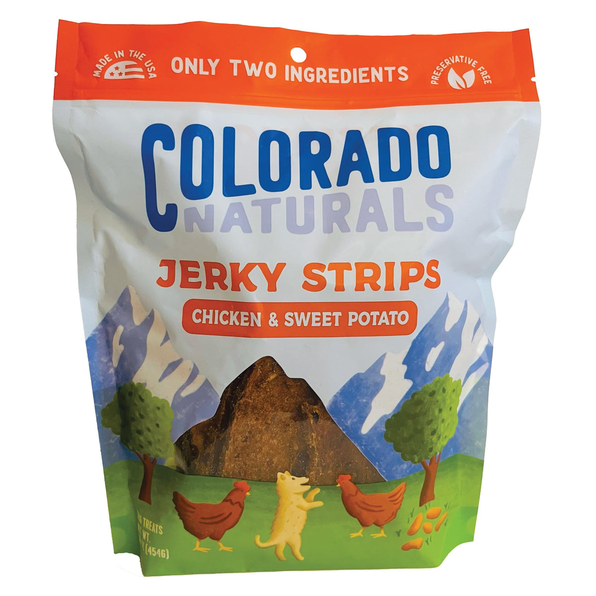 Colorado Naturals tiras frente al empaque, snack natural para perros