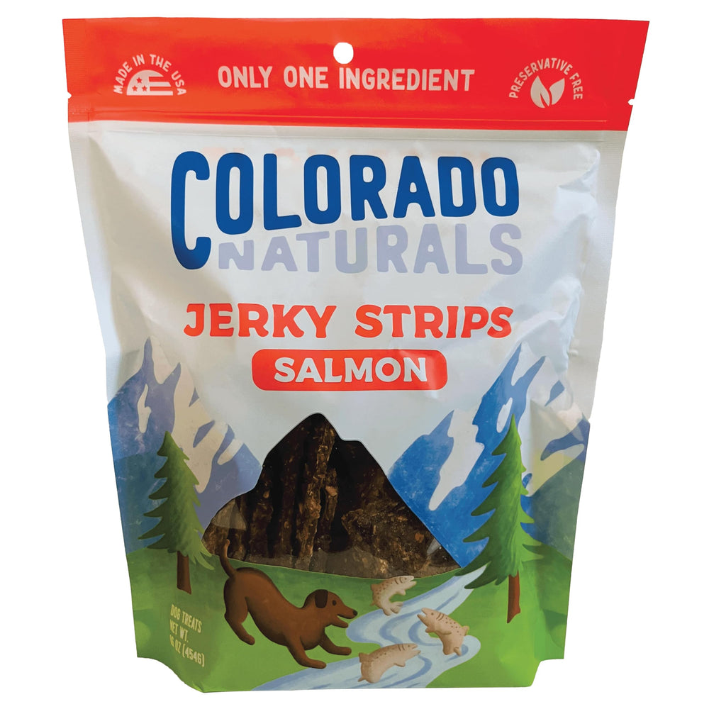 Colorado Naturals: tiras deshidratadas de salmón para perros, recompensa sabrosa y fácil de dosificar.