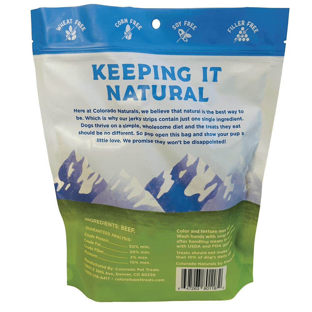 Tiras de jerky de res de Colorado Naturals, textura crujiente para perros activos.