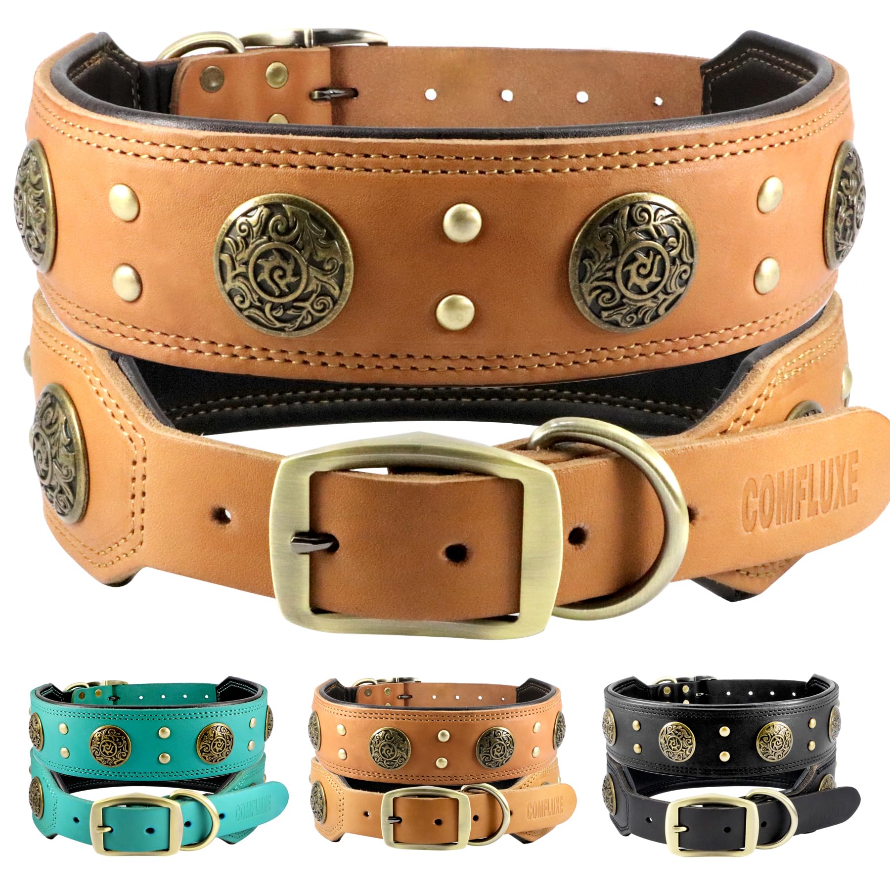 Collar Comfluxe de cuero naranja, vista frontal, ideal para perros medianos.