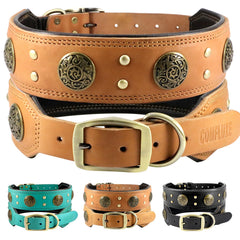 Collar Comfluxe de cuero naranja, vista frontal, ideal para perros medianos.