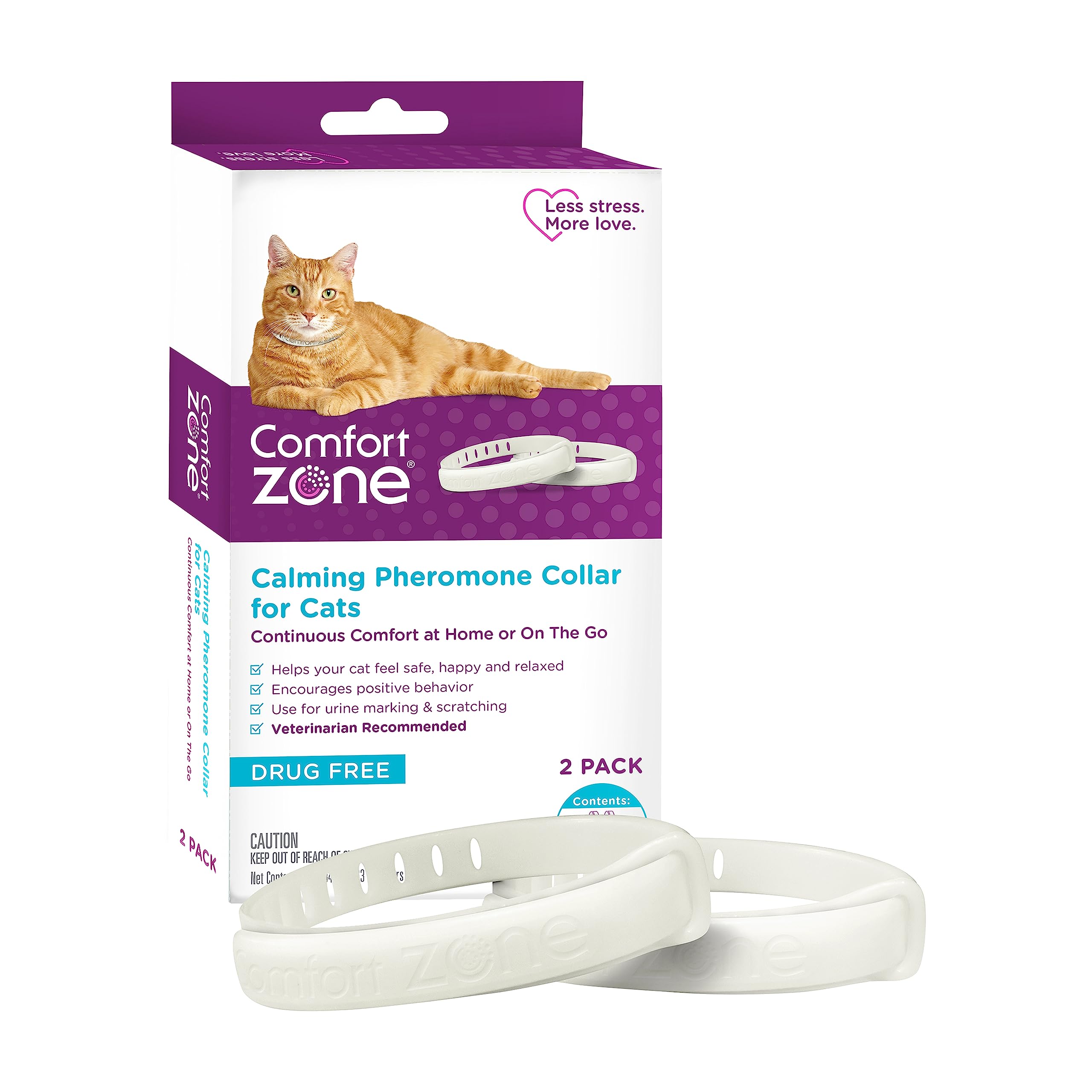 Collar calmante Comfort Zone para gatos, enfoque en collar, facilita la calma diaria.