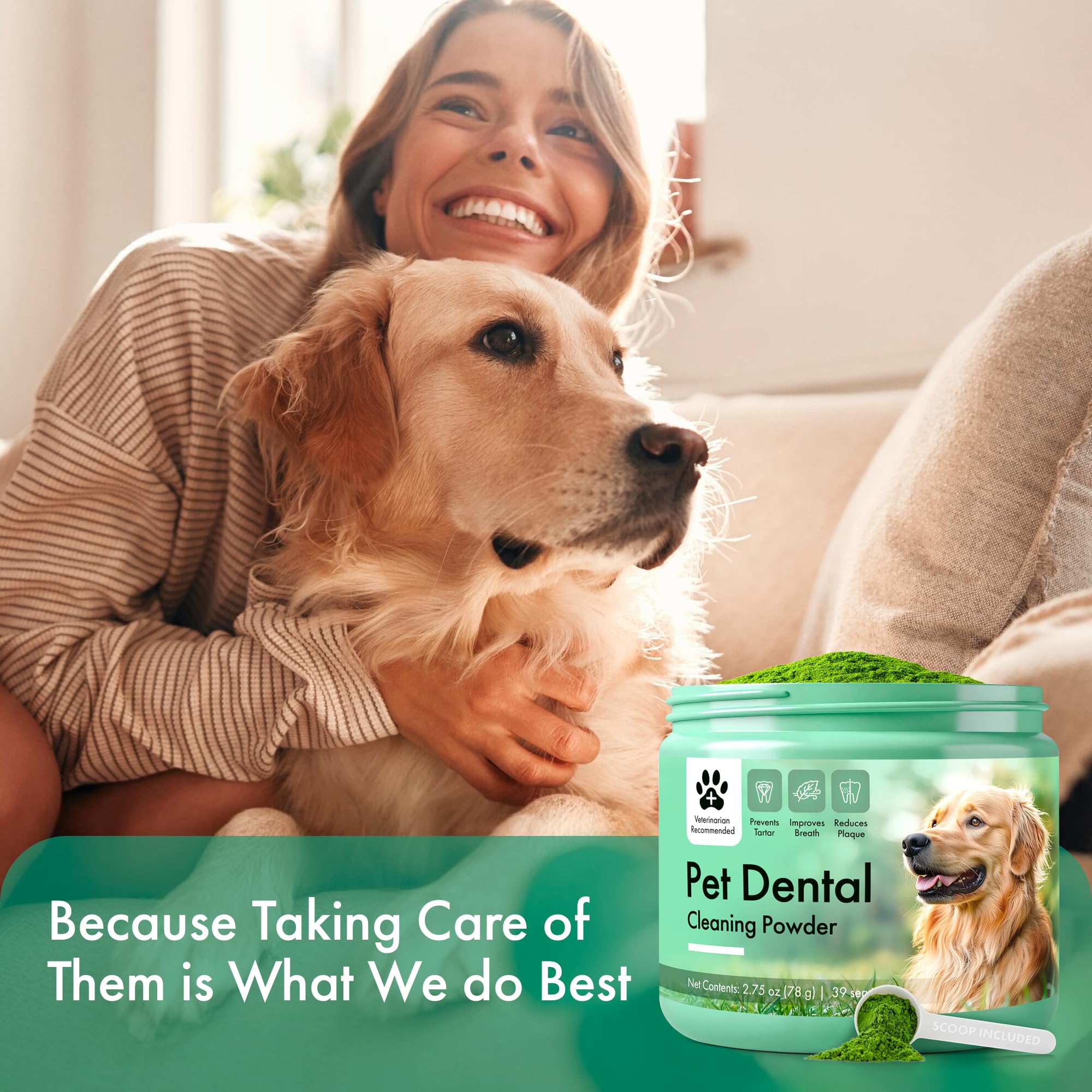 Commanding Life polvo dental para perros, fácil de incorporar en agua o comida.
