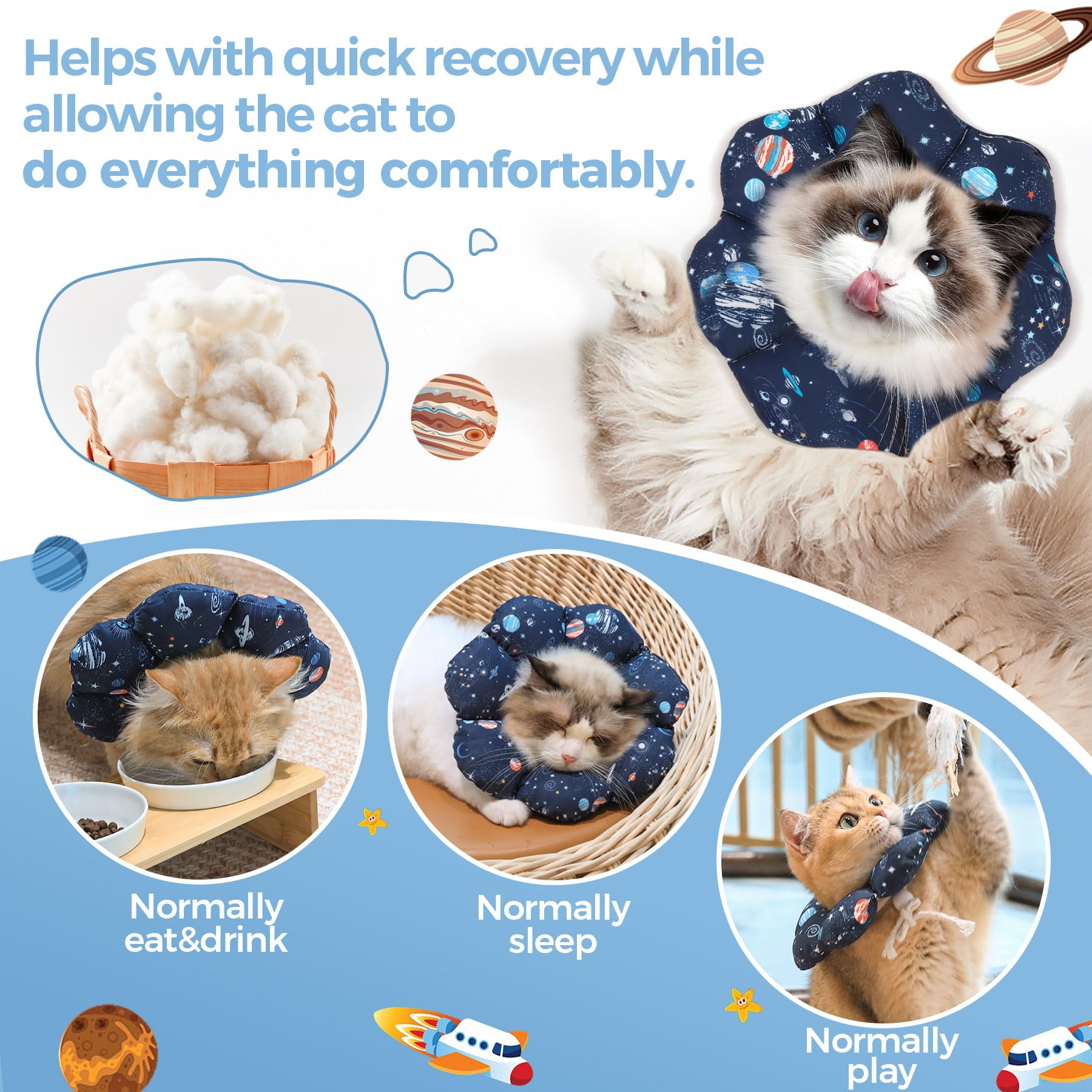Collar ComSaf evita que el gato lama heridas, protección suave.