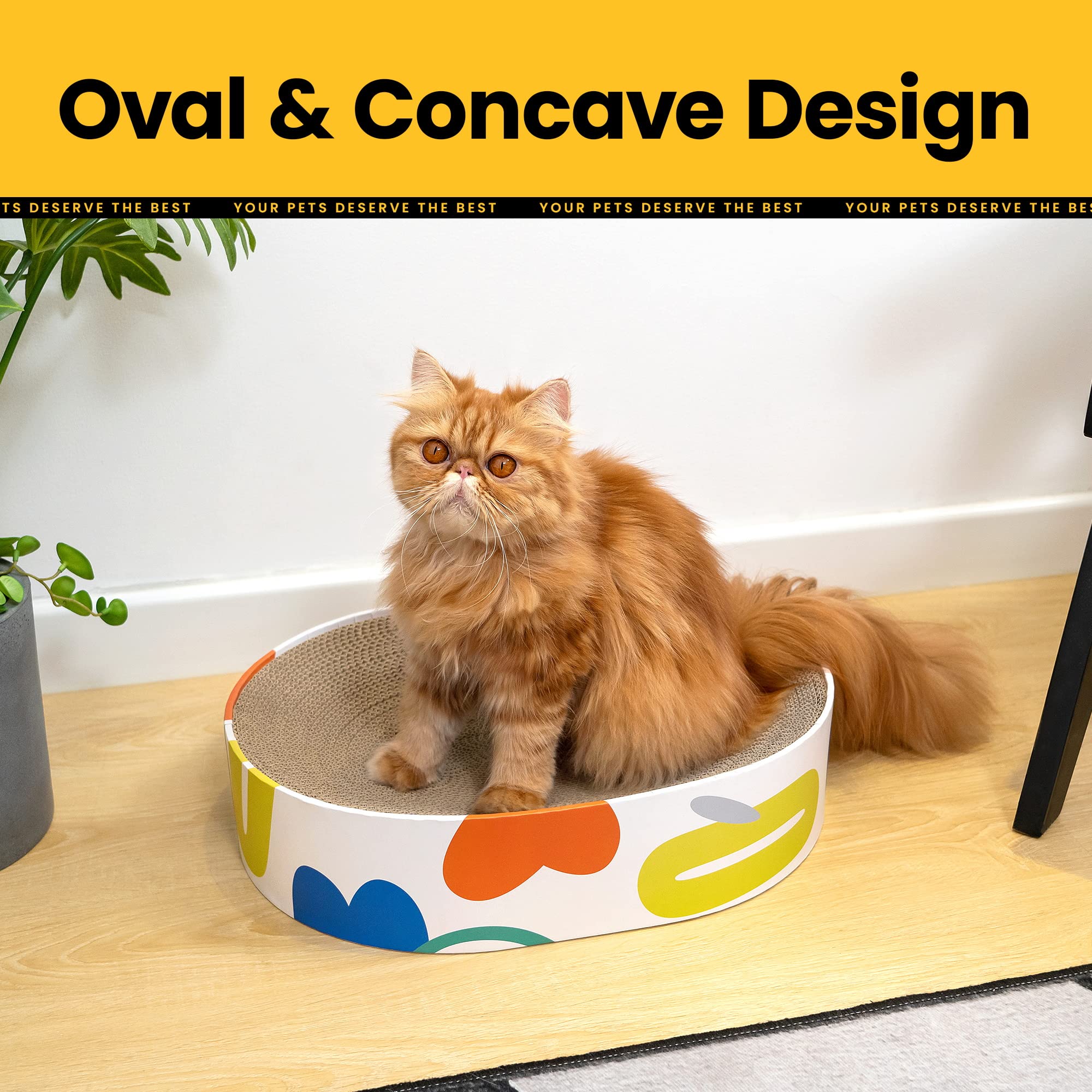 Conlun rascador oval con área de descanso para gatos en interiores.