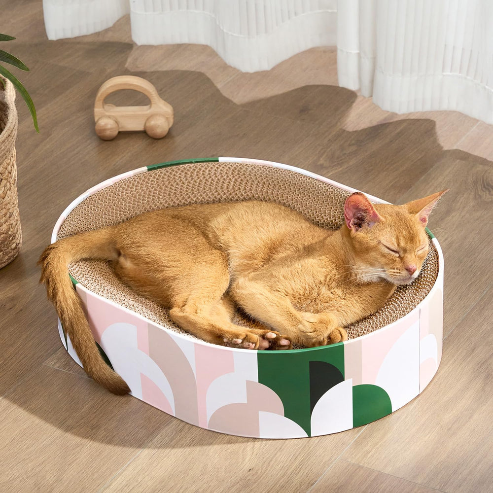 Conlun rascador de gato en cartón oval para afilar uñas y descansar.
