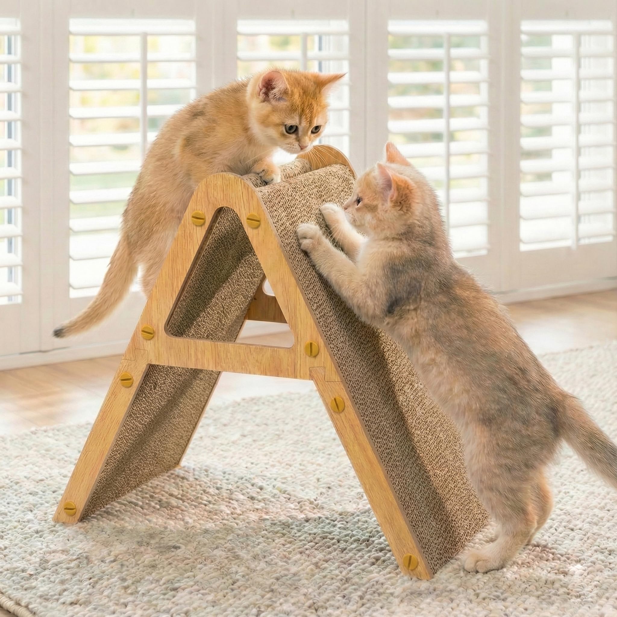 Conlun rascador para gatos con cartón y marco de madera en vertical para juego activo