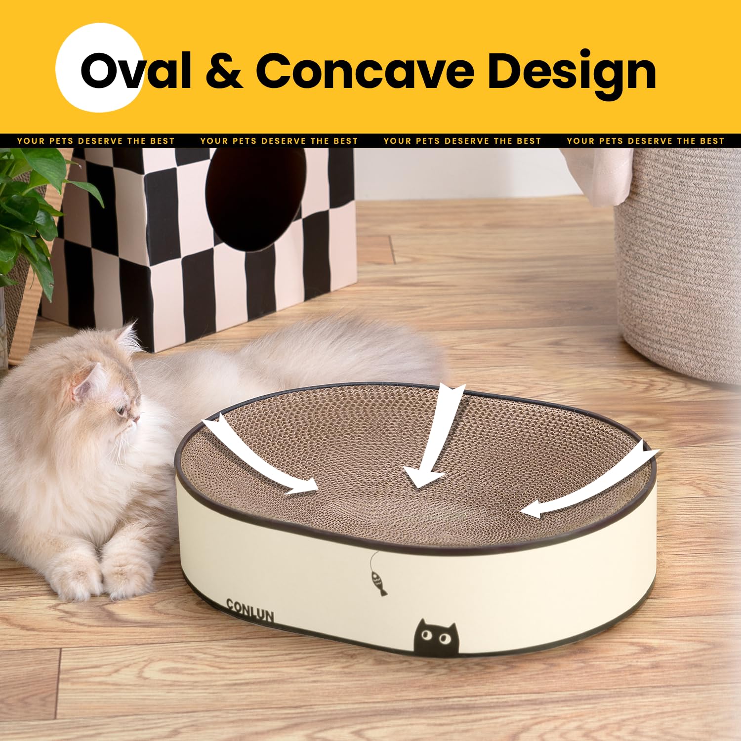 Conlun rascador ovalado en sala, invita a tu gato a descansar tras rascar