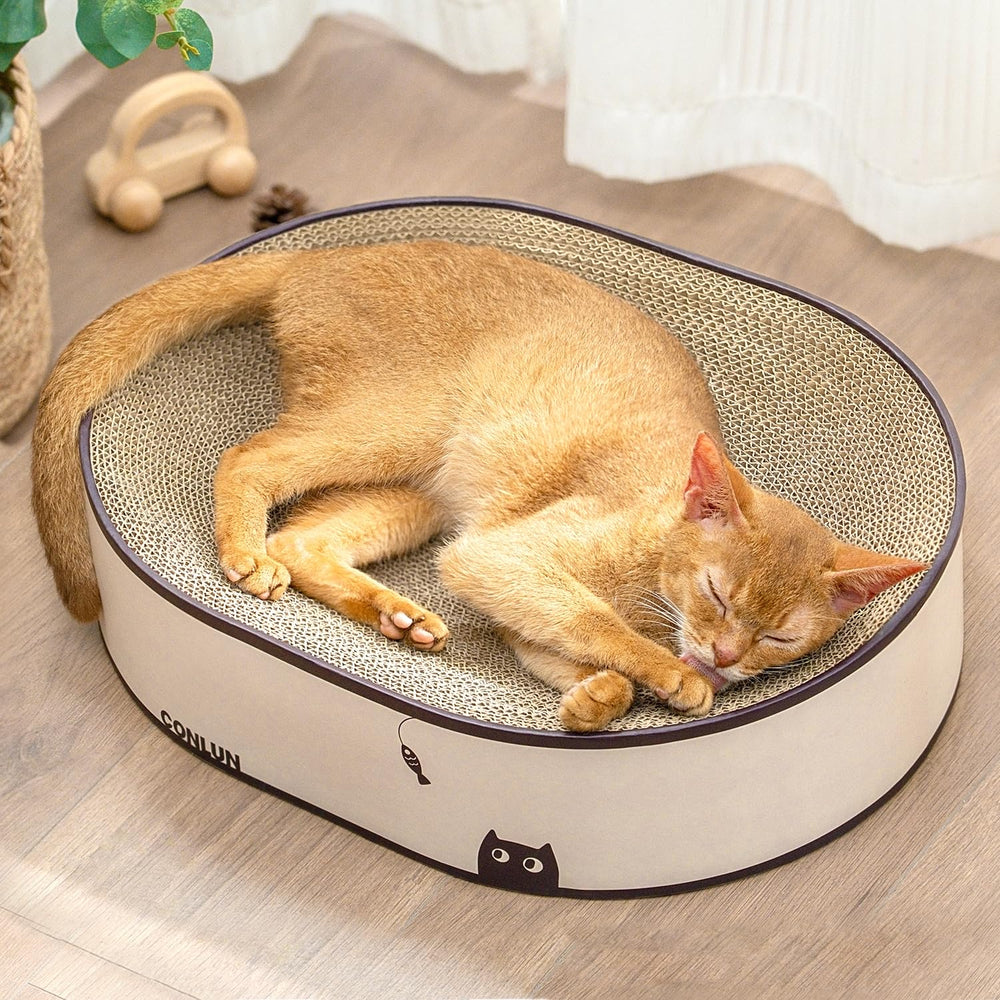 Conlun rascador ovalado para gatos, vista frontal, ideal para rascar y descansar