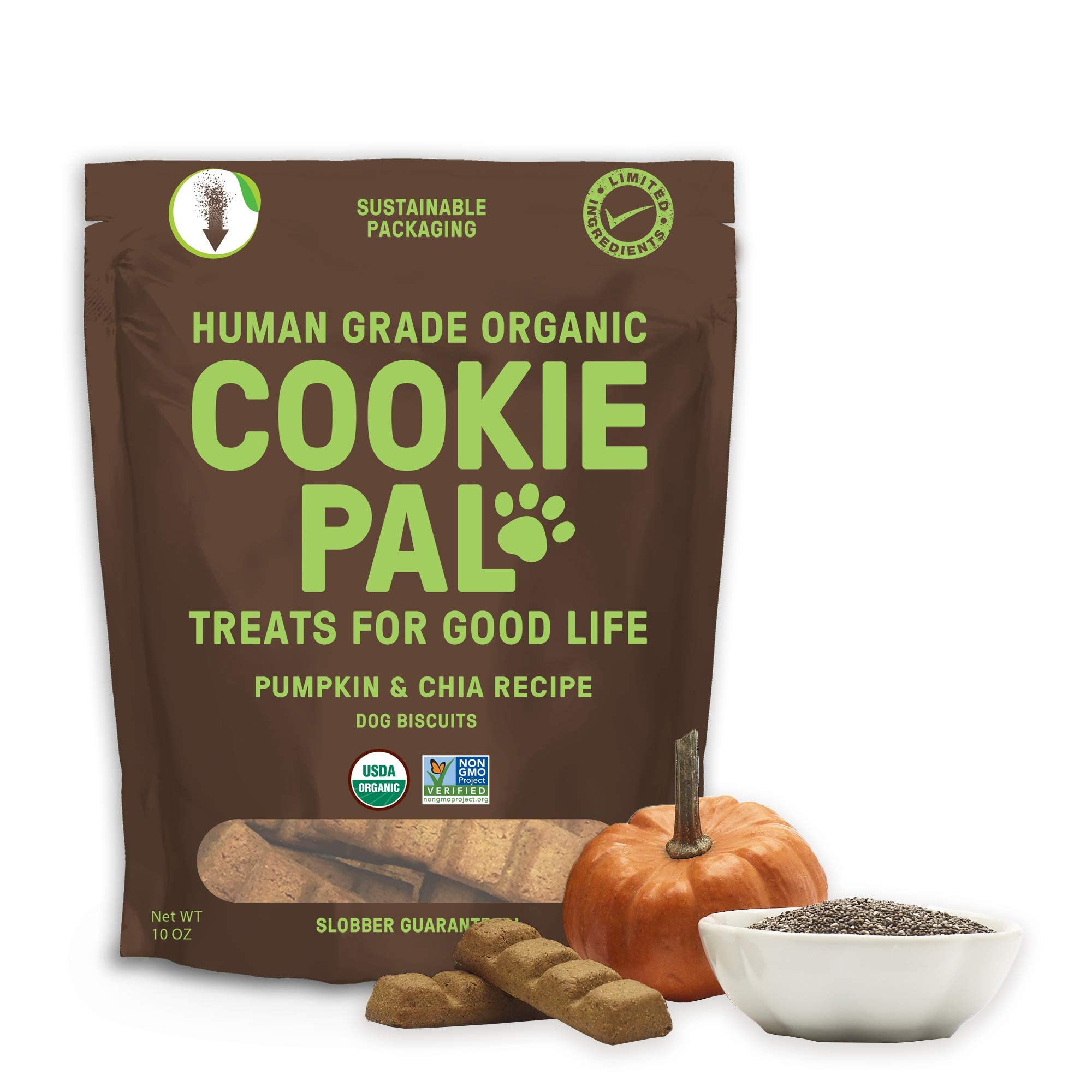 Galletas CookiePal para perros con calabaza y chía, en envase de 10 onzas.