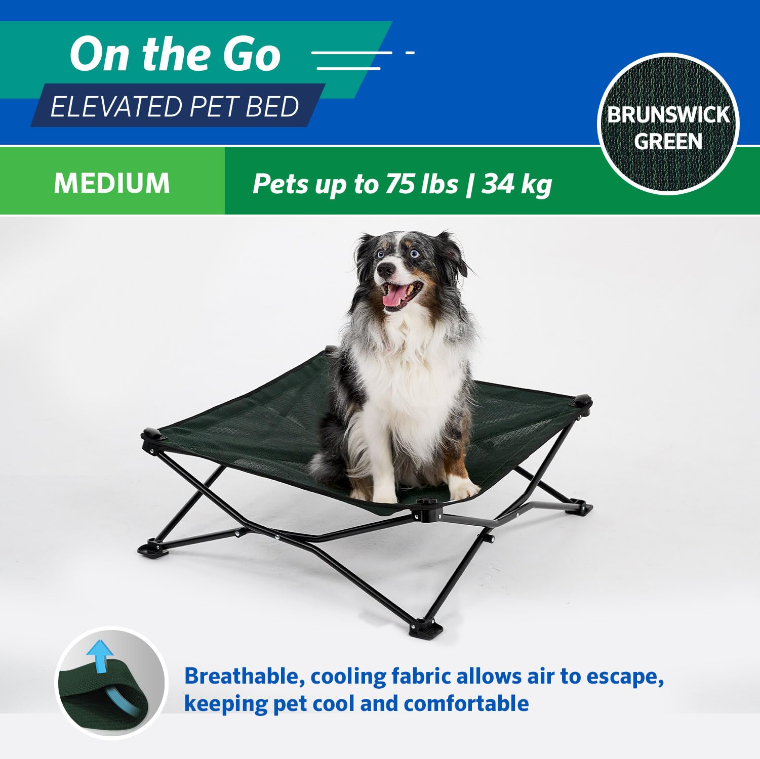 Cama Coolaroo con tela lavable para exteriores y limpieza rápida.