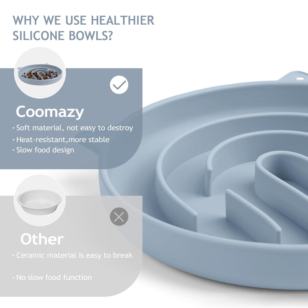 Coomazy comedero lento para gato, vista lateral, diseño práctico para gatos.
