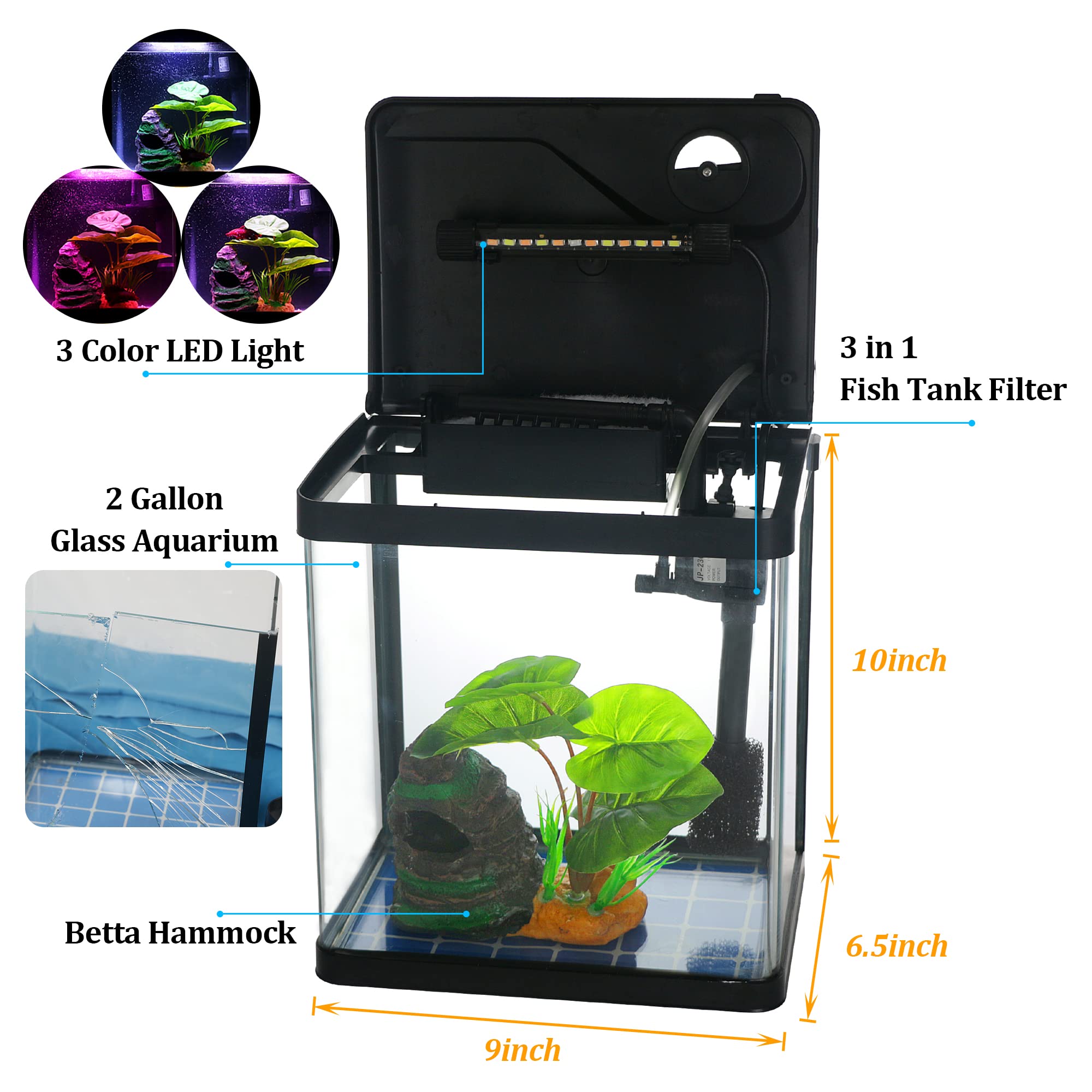COOSPIDER tanque Betta 2 galones, iluminación multicolor para realzar colores.