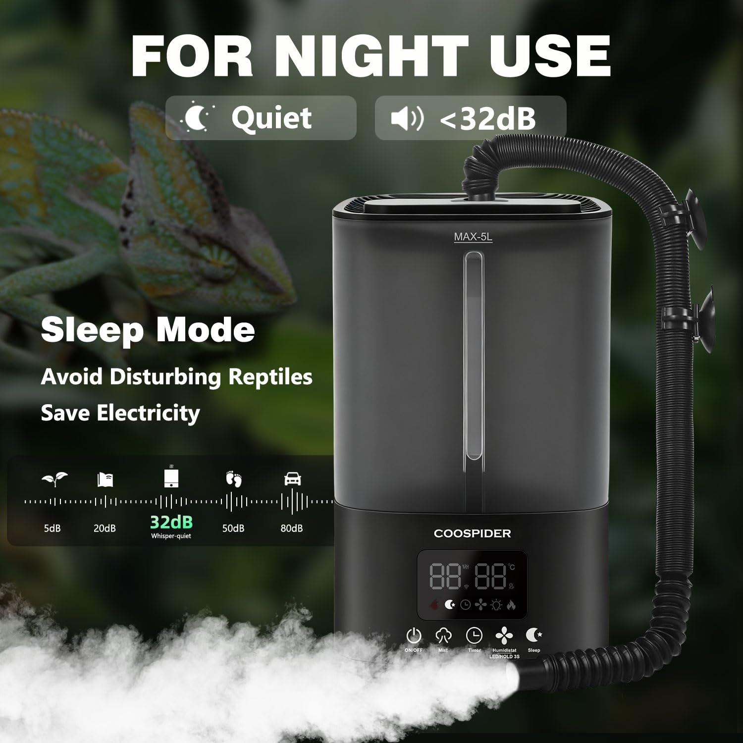 COOSPIDER niebla fina para reptiles con funcionamiento silencioso nocturno.