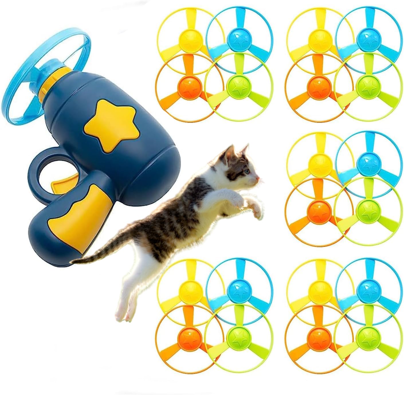 Cooway lanzador de disco para gato en azul oscuro, juego activo seguro.
