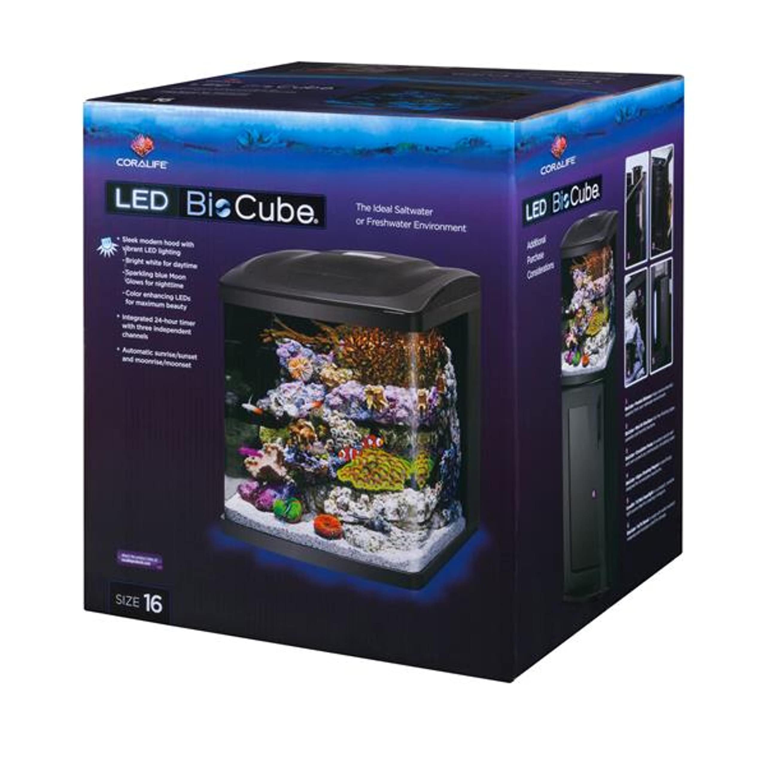 Coralife BioCube con iluminación LED dinámica que realza colores.