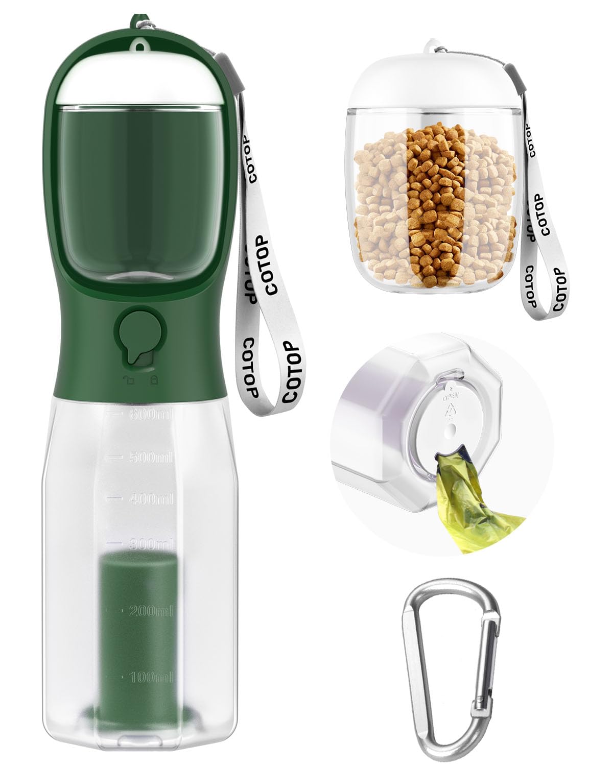 Cotop botella-agua-perro-20oz-3en1 para paseos con agua y comida.