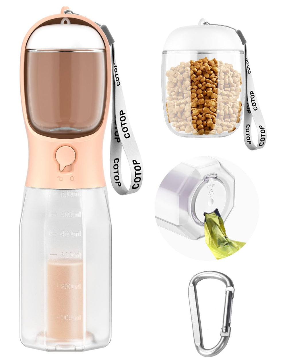 COTOP botella para perros 20oz con contenedor de alimentos, práctica para paseos