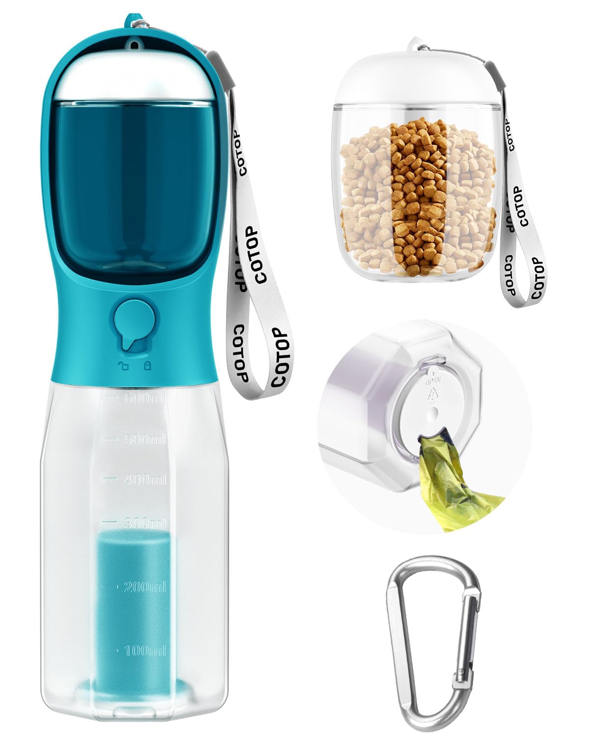 Botella COTOP para perro 20oz con contenedor de alimentos, ideal para paseos.