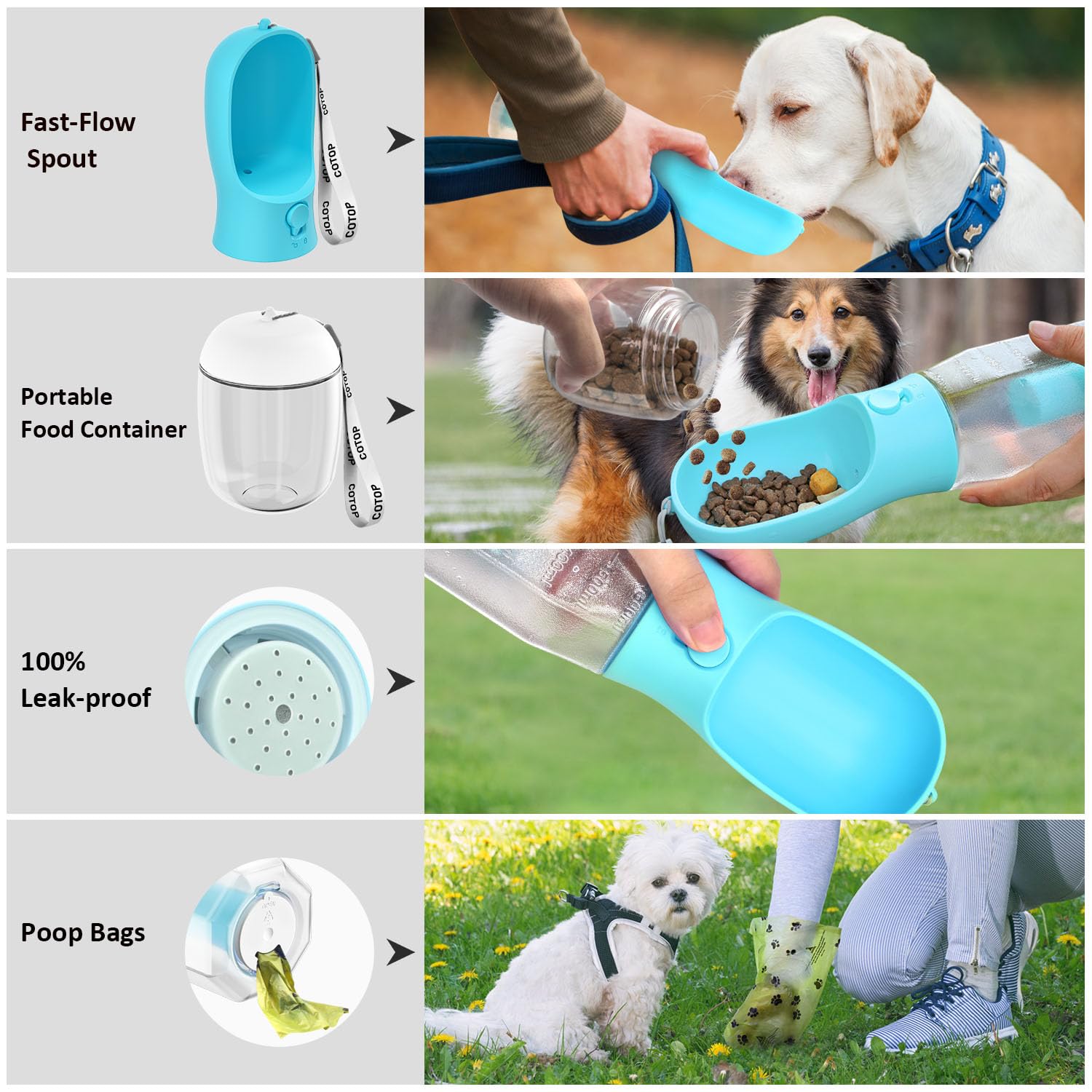 COTOP botella perro dispensador de bolsas: higiene al recoger desechos en salidas al parque.