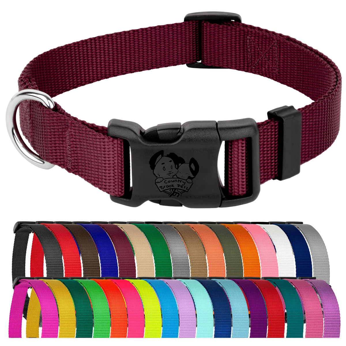 Collar Country Brook Design Petz burgundy frente, perfecto para paseos diarios.