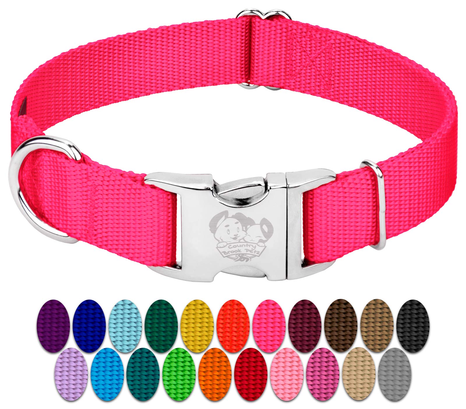 Country Brook Petz collar de nailon rosa intenso para perros, cómodo y duradero para paseos diarios.