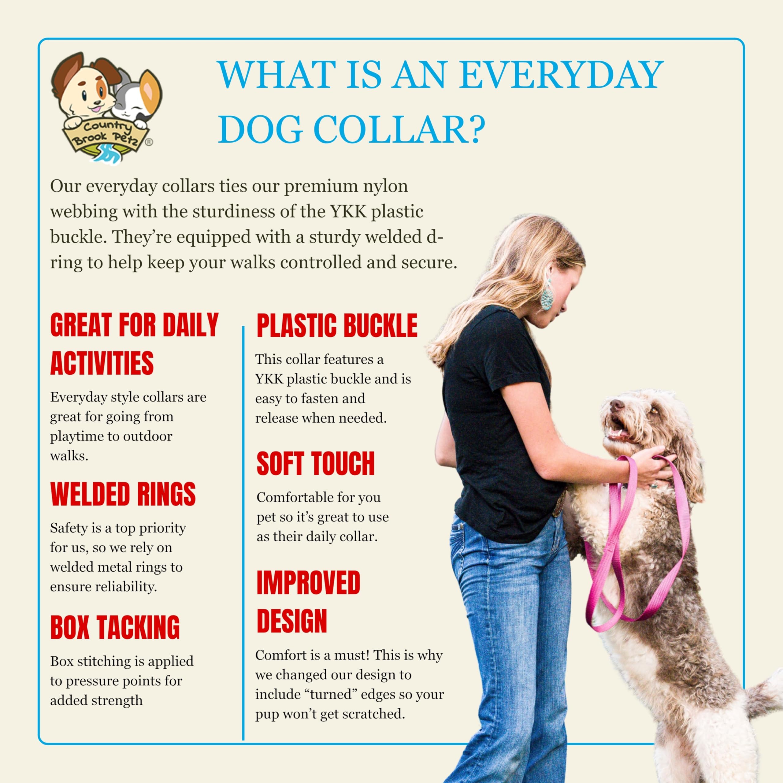 Country Brook Petz collar nylon cosido en EE. UU. para durabilidad.
