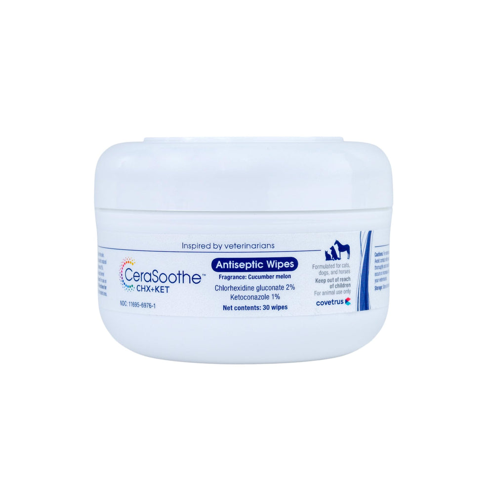 Covetrus CeraSoothe CHX+KET: a toallitas en empaque frontal para limpieza suave de la piel.