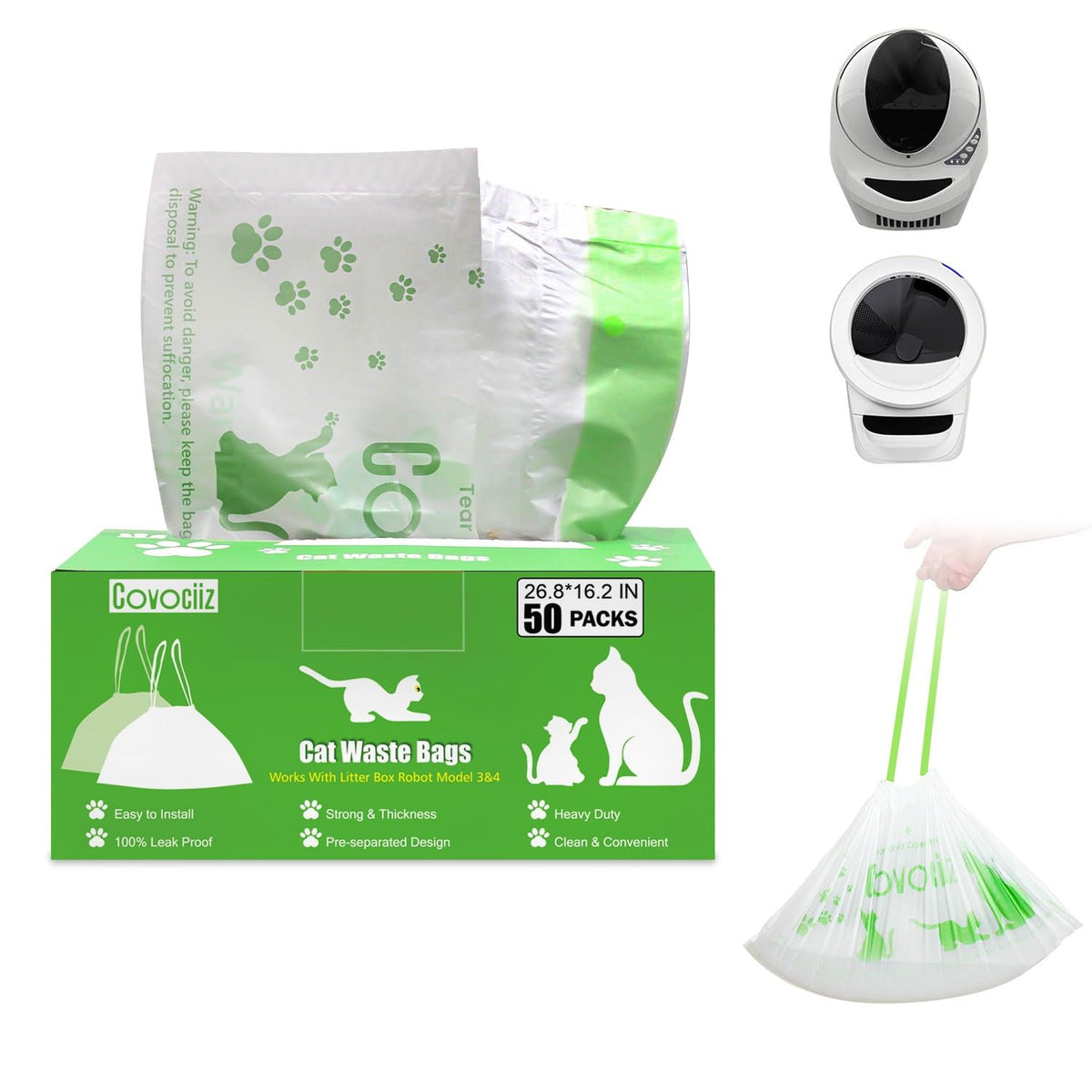 Covociiz bolsas para desechos de gato, compatibles con Litter Robot 3 y 4, 26.8x16.2, uso recomendado.
