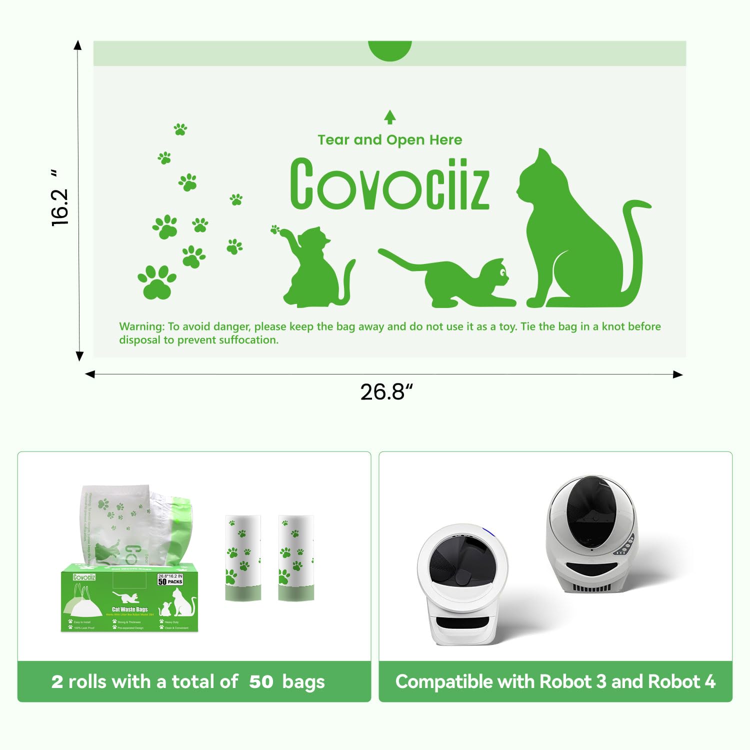 Covociiz paquete de 50 bolsas para desechos de gato, ahorro y conveniencia.