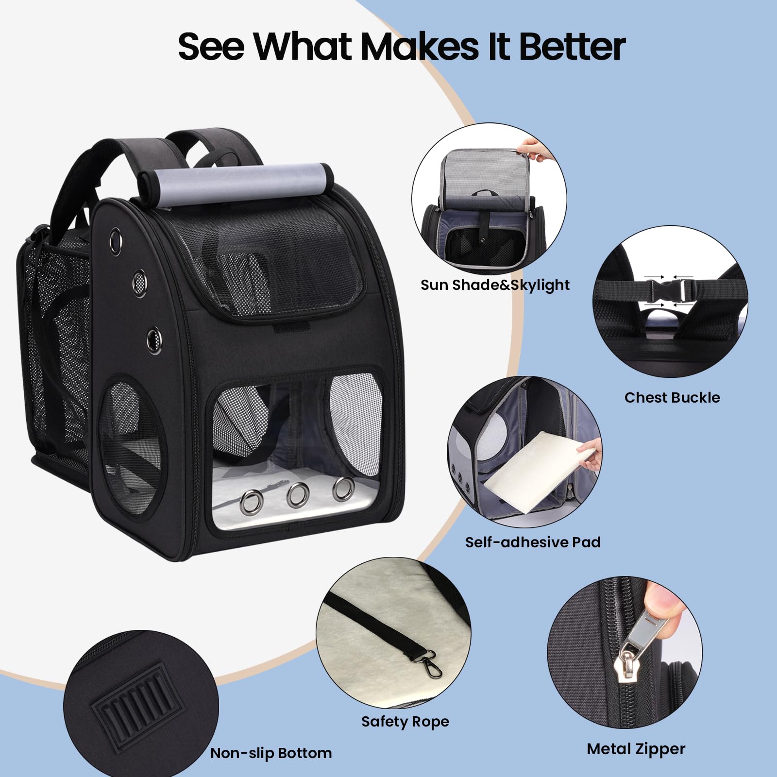 Covono mochila porta-mascotas: diseño estable con correa de seguridad.
