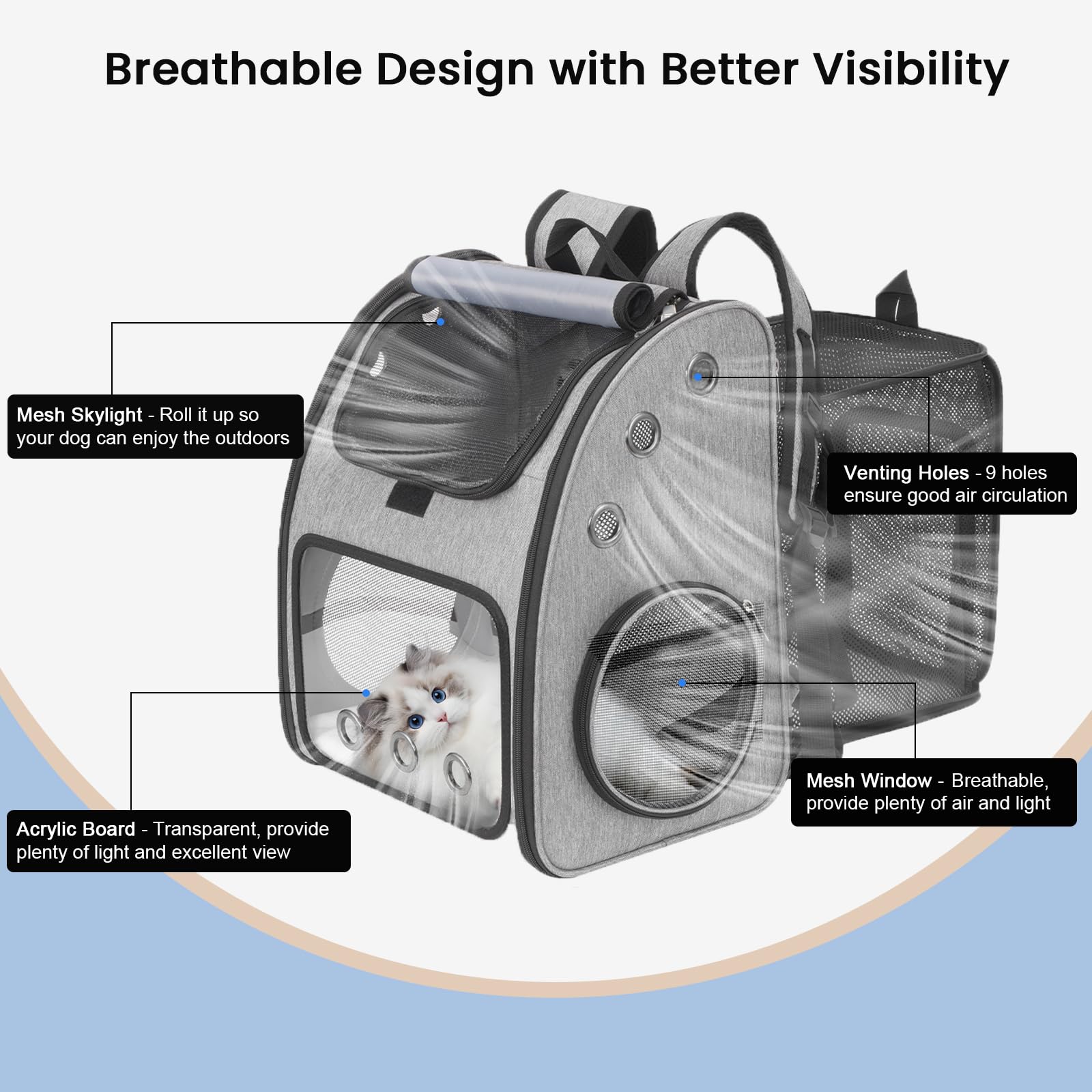 Espacio interior ampliable en la mochila COVONO para estirar la mascota.