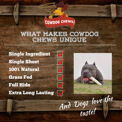 Cowdog Chews textura natural en primer plano, ideal para masticar y mantener ocupados.