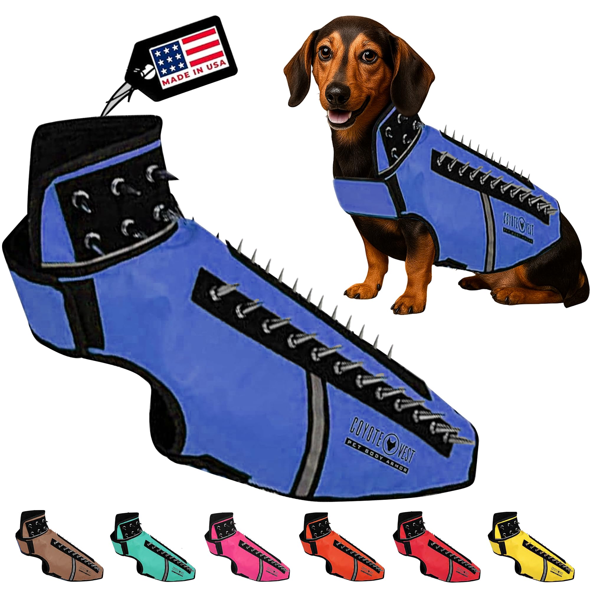 CoyoteVest SpikeVest frente: protección visible para paseos más seguros.