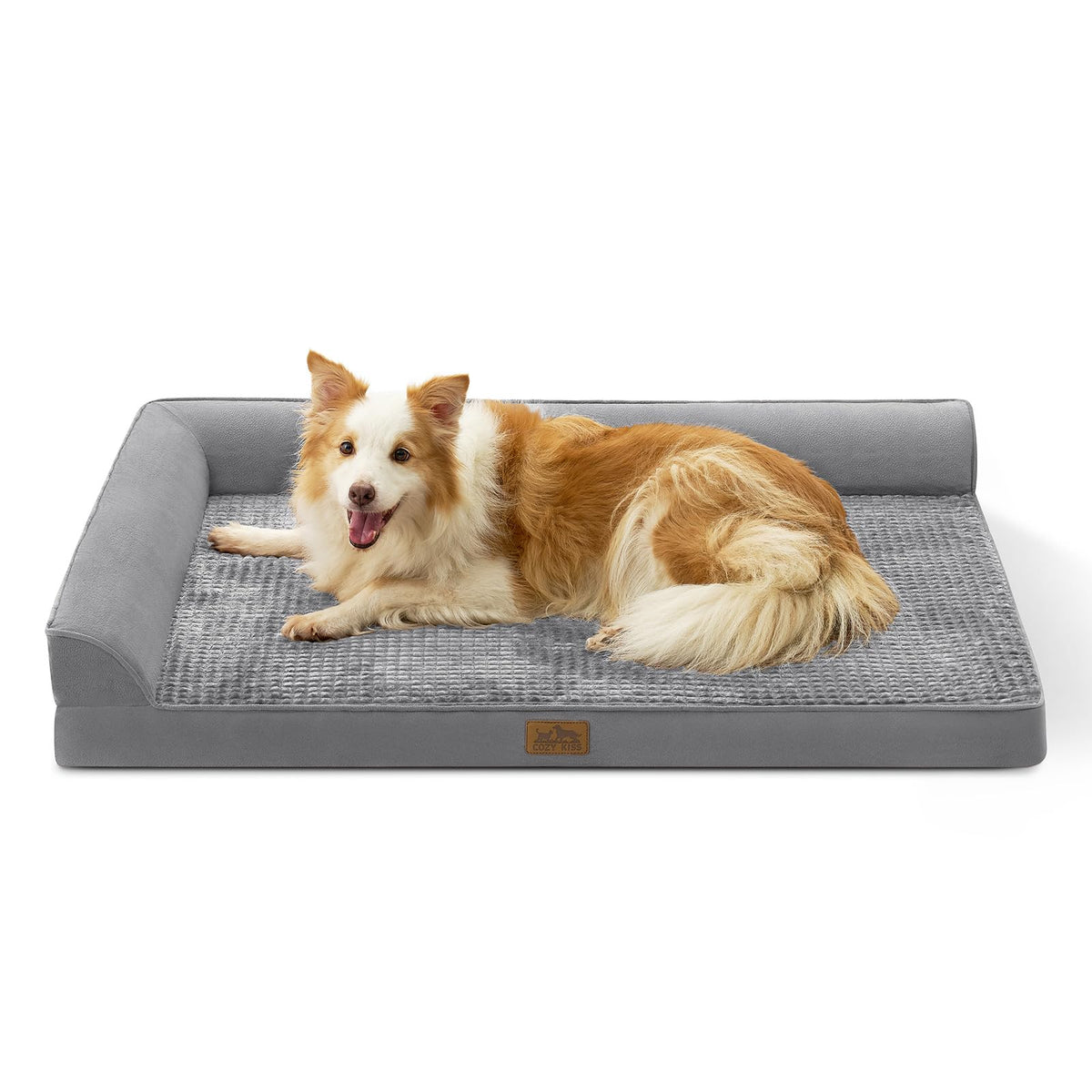 Cama ortopédica COZY KISS para perro grande en forma de L, reparto de peso cómodo.