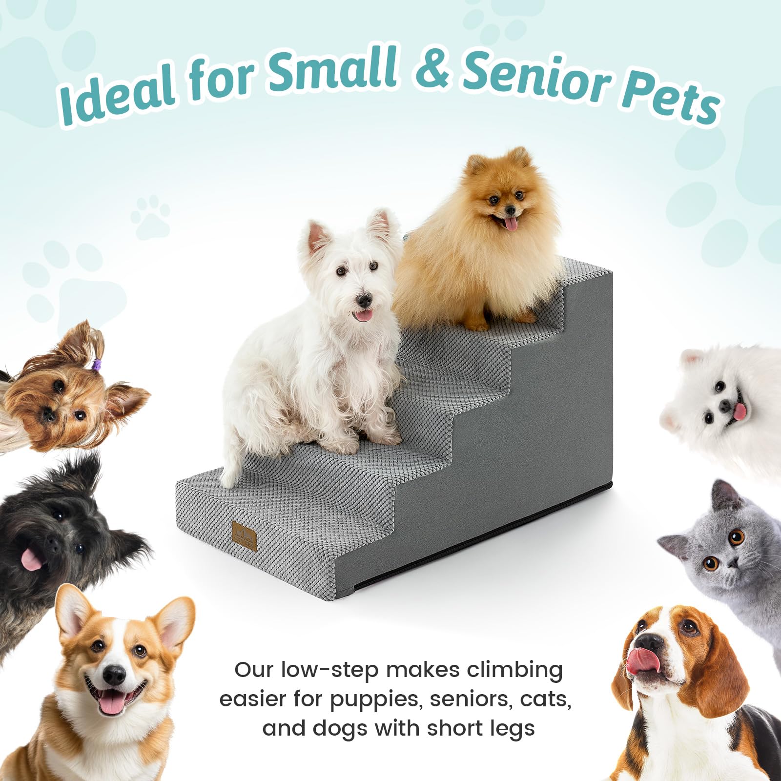 COZY KISS escaleras para perros pequeños, funda lavable para limpieza rápida.